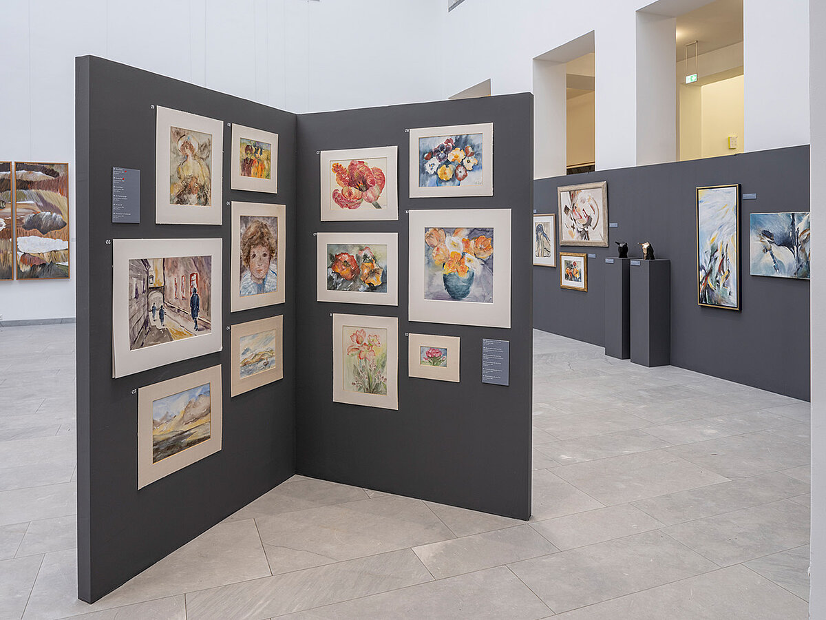 Blick in einen Ausstellungsraum mit Bildtafeln an den schwarzen Trennwänden.