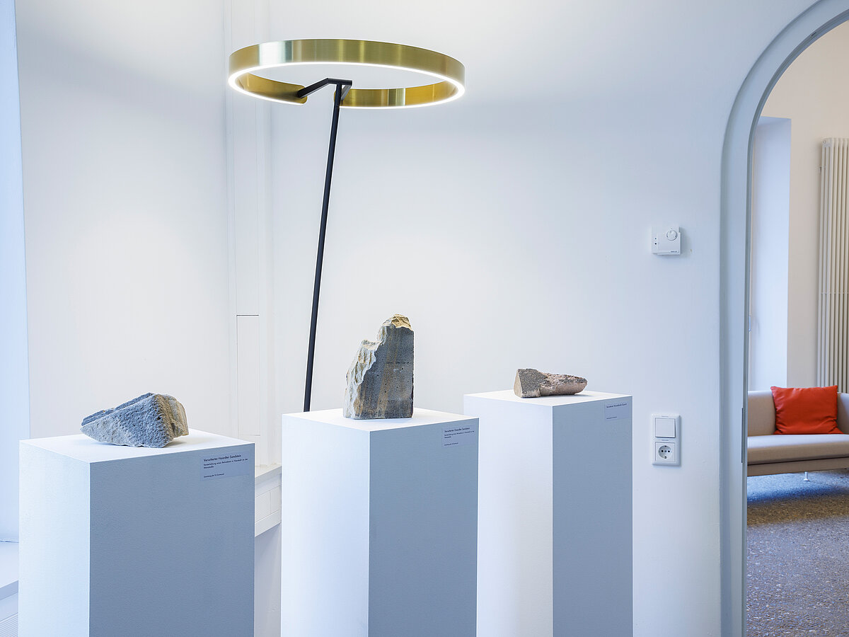 Ausstellungselemente stehen auf hohen Sockeln in einem hellen Raum.