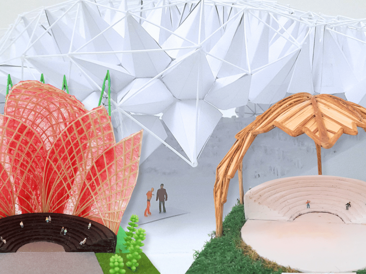 Ausstellung mit Modellbauwerken. Im Bild: Drei Modellbauten in einer Collage zusammengestellt.